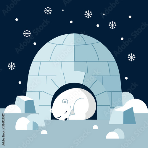 Polar bear sleeping inside igloo in snowy winter night vector illustration calm scene 
