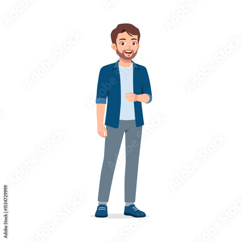 Smiling Caucasian man standing wearing casual clothes with friendly and cheerful expression