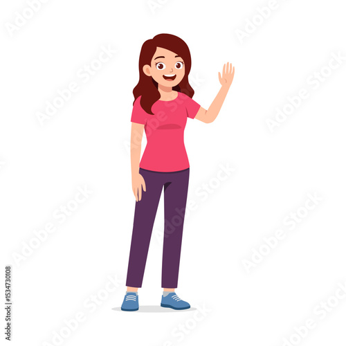 Young happy woman in casual clothes waving hand in a friendly greeting