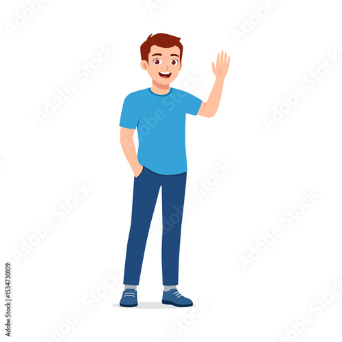 A cheerful young man waving with one hand while his other hand inside his pocket