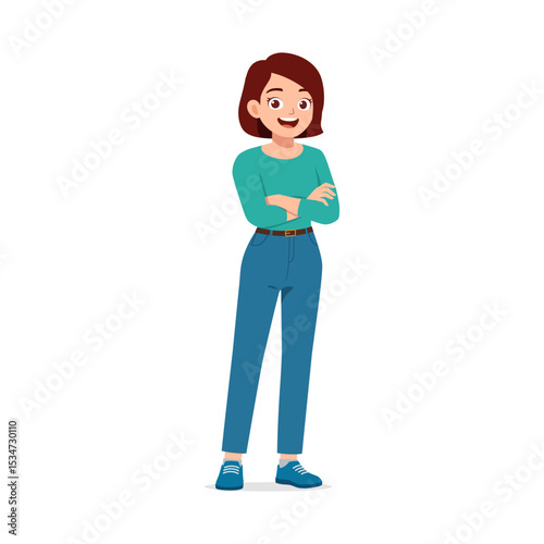 Confident Caucasian woman standing with arms crossed and smiling in full body illustration style