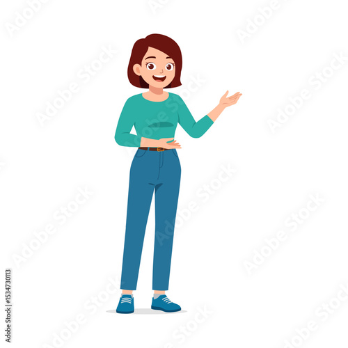 Happy Caucasian woman presenting with open hand gesture in casual clothes illustration