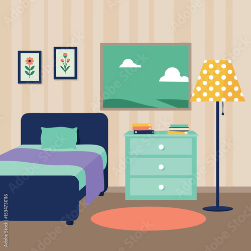 Bedroom interior design with bed, nightstand, floor lamp, and wall art in soft pastel colors 