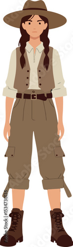 Female explorer wearing brown hat cargo pants and boots standing confidently vector illustration 