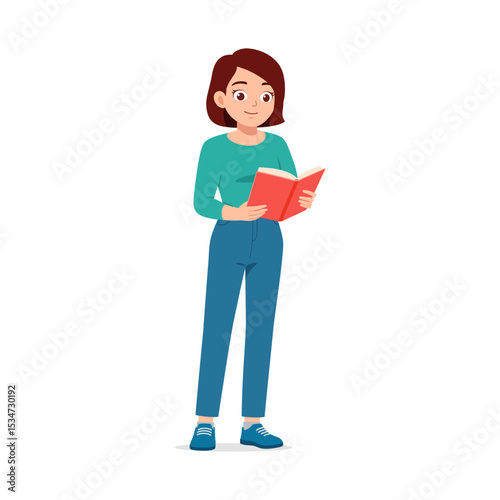 A young woman with short brown hair is standing and reading a book with a calm expression