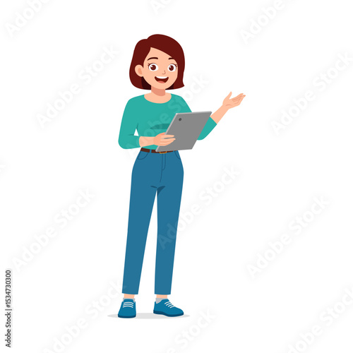 Cartoon woman holding tablet and gesturing with hand in a friendly pose illustration