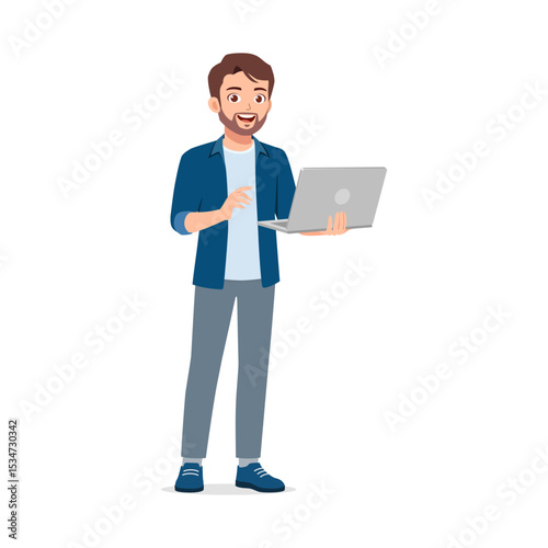 Smiling Caucasian Man Holding Laptop in Casual Clothes, Full Length Isolated on White Background
