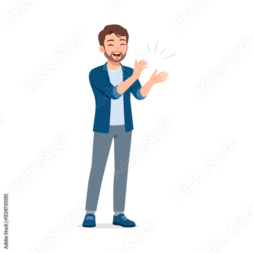 Enthusiastic Caucasian Man Clapping Hands Expressing Approval and Celebration in Casual Wear