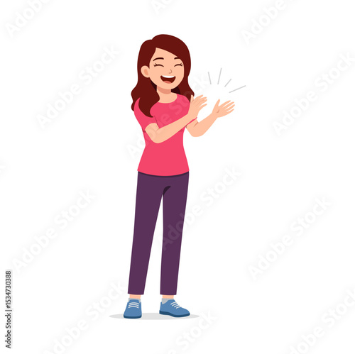 Happy Caucasian Woman Clapping with Smile and Expressing Excitement in Full Body Illustration