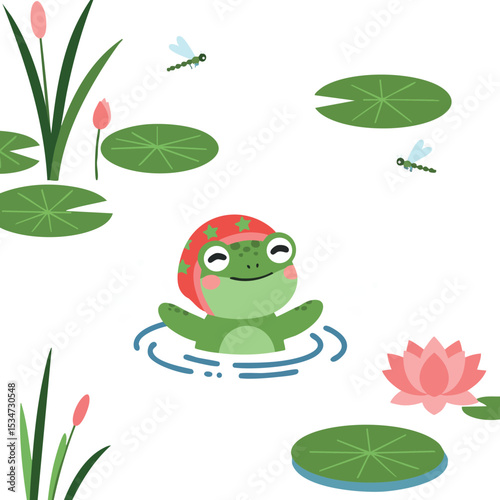 Frog swimming among green lily pads and pink lotus flowers with dragonflies vector illustration 