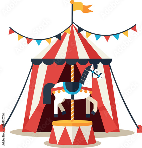 Circus tent with colorful flags and carousel horse vector illustration for carnival fun and entertainment 