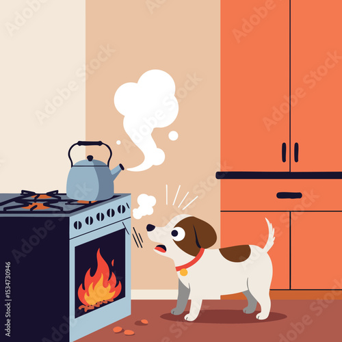 Curious dog watching boiling kettle on stove with orange kitchen cabinets vector illustration 