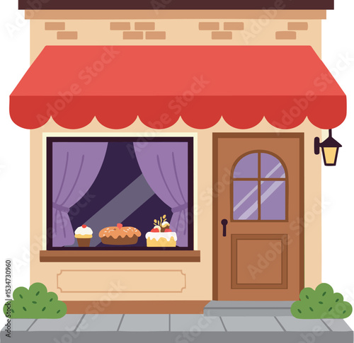 Bakery storefront with red awning and pastries in window vector illustration 