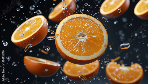 The image of an orange floating in the air accompanied by fresh water splashes, gives a fresh, dynamic and energetic impression with a clean background and stunning bright lighting.