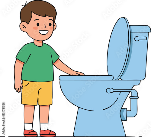 Boy Standing Next to Open Toilet Wearing Green Shirt and Yellow Shorts Vector Illustration 
