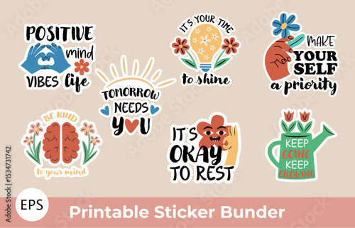 Motivational Wellness Sticker Bundle – Self-Care, Mental Health, Positive Affirmation Quotes – Printable Vector Set.This vibrant and uplifting collection of motivational wellness stickers.