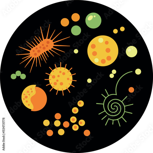 Microscopic virus and bacteria shapes vector illustration in orange and green colors circular design 