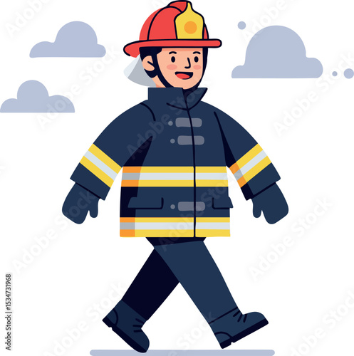 Firefighter walking in uniform with red helmet and reflective stripes vector illustration 