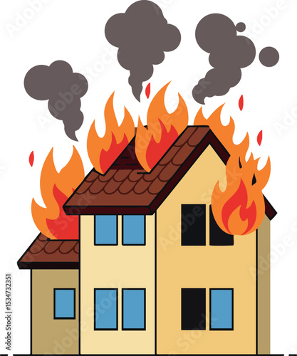 House on fire with flames and smoke vector illustration in simple style 