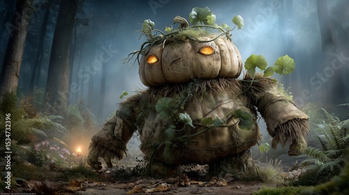 Mysterious pumpkin creature enchanted forest fantasy art foggy environment close-up view whimsical concept for seo impact