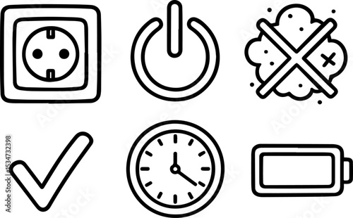 Doodle icon set of power, dust removal, timer, and battery symbols