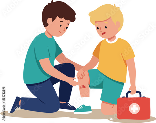 Child Helping Friend With Knee Injury First Aid Kit Illustration Vector 