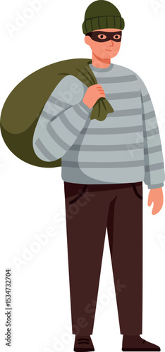 Male Burglar Wearing Mask Carrying Sack Stealing Property Vector Illustration 