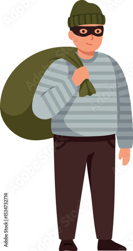 Male burglar in striped shirt and mask carrying sack vector illustration 