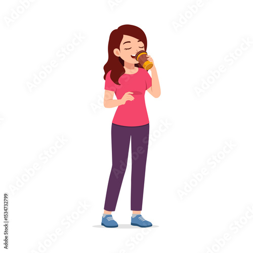 Cartoon woman standing drinking from takeaway cup with eyes closed enjoying the beverage