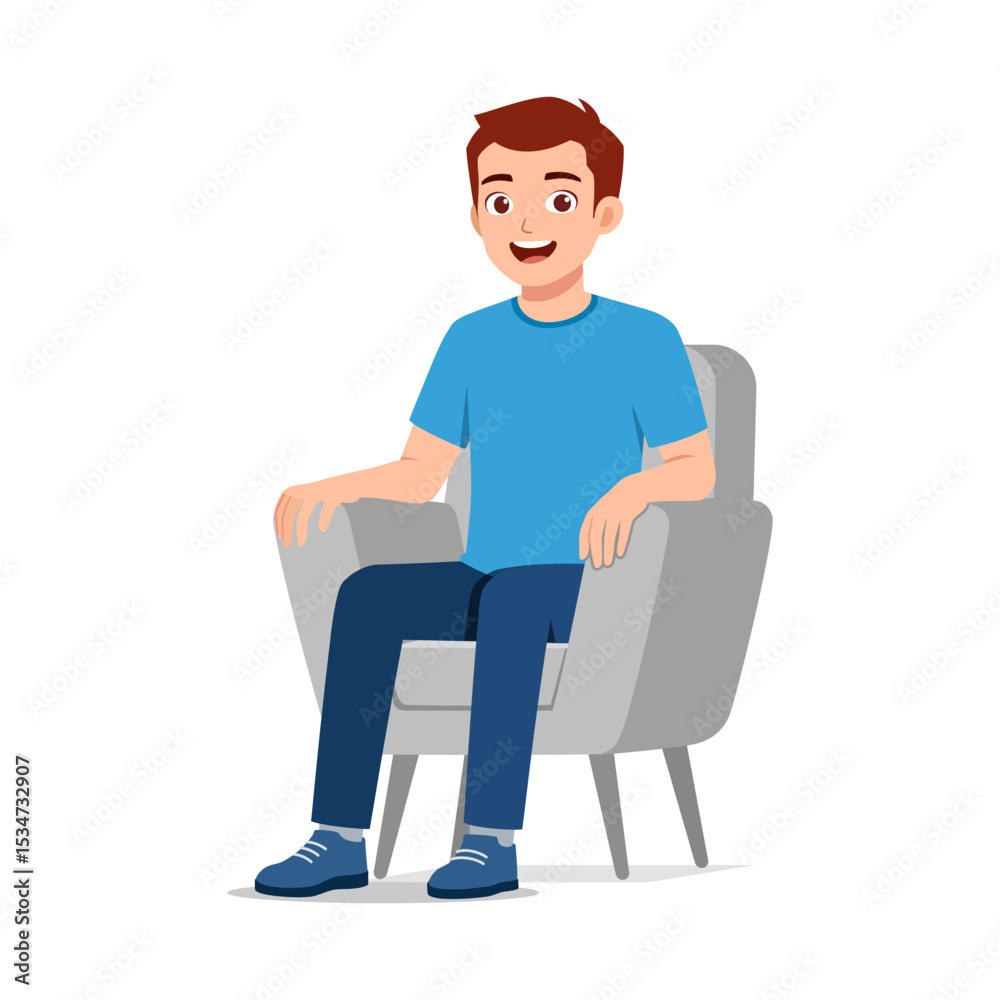 Fototapeta premium Smiling Man Sitting in Armchair, Relaxed and Casual, Isolated on White Background Illustration