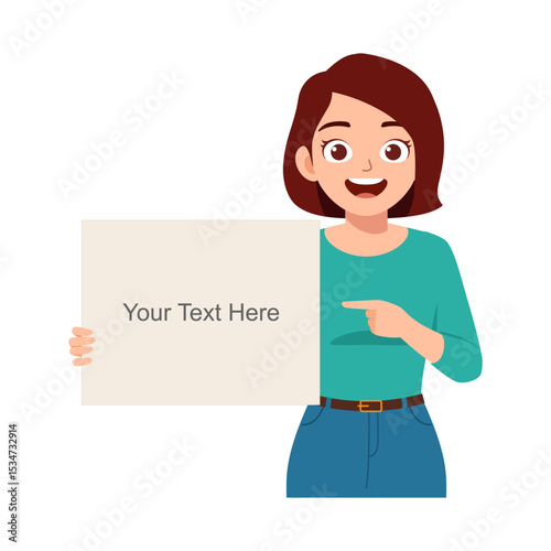 Smiling woman holding blank sign, pointing finger with cheerful expression in cartoon style