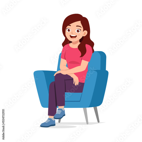 Young Woman Sitting on Armchair, Relaxing with Happy Expression in a Cartoon Style