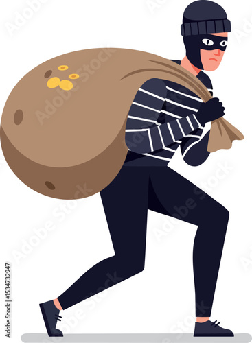 Thief Wearing Black Clothes Carrying Large Bag Stealing Goods Illustration Vector 