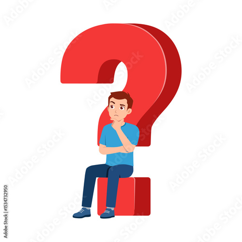 Pensive man sitting on red question mark symbol thinking with hand on chin in illustration