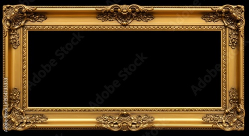 Ornate Gold Picture Frame Isolated on Black Background - Classic Empty Frame, Elegant Border, Decorative Art, Victorian Style