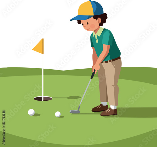 Boy playing golf putting on green with flag and golf balls vector illustration 