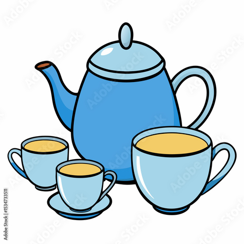 tea pot and cups colorful vector illustration, isolated on white background