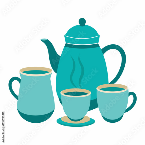 tea pot and cups colorful vector illustration, isolated on white background