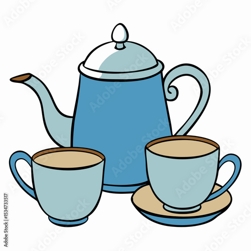 tea pot and cups colorful vector illustration, isolated on white background