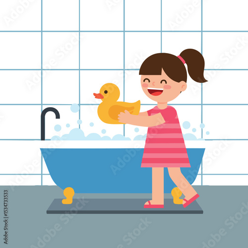 Little girl playing with rubber duck in blue bathtub indoor bathroom vector illustration 