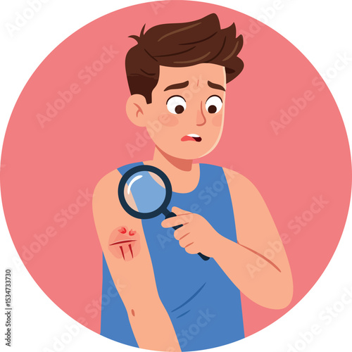 Boy examining arm injury with magnifying glass worried facial expression illustration 