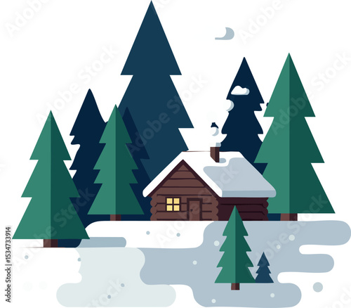 Small wooden cabin surrounded by snowy pine trees in winter forest landscape vector illustration 