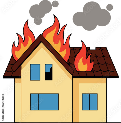 House on fire illustration with flames and smoke simple vector image 