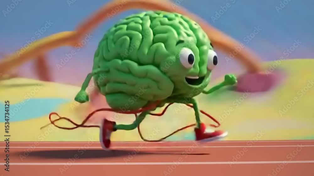 Animated brain character joyfully running on a colorful track with a vibrant background