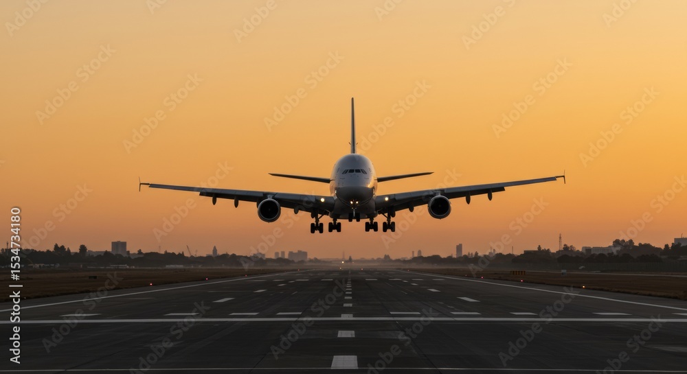 Fototapeta premium Airplane landing at airport during sunset aerial transport environment scenic