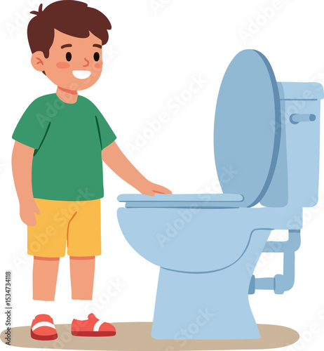 Boy learning to use toilet training potty with green shirt and yellow shorts vector illustration 