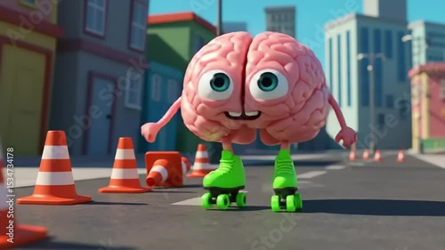 Animated brain character on roller skates navigating a colorful city street with traffic cones