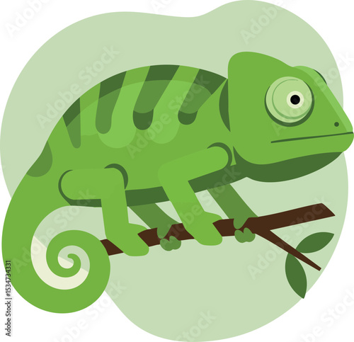 Green chameleon climbing on brown branch vector illustration with simple background 