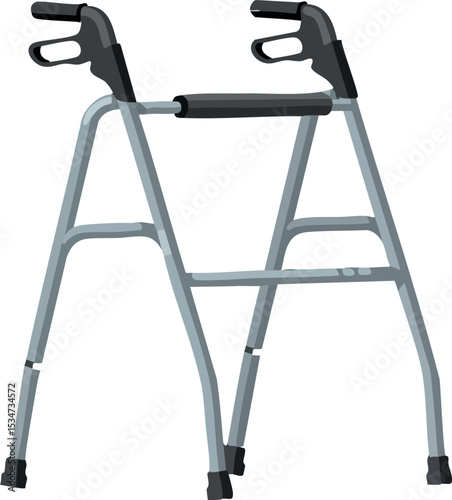 Medical walking frame with gray metal structure and black handles for mobility aid vector illustration 