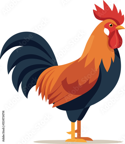 Rooster standing colorful farm animal vector illustration with red comb and dark tail feathers 